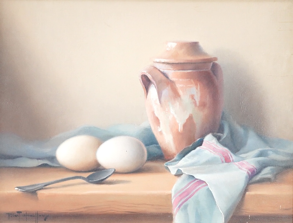 Robert Chailloux (French, 1913-2005), 'Breakfast', signed, ex Stacy-Marks, label verso, oil on board, 25 x 33cm